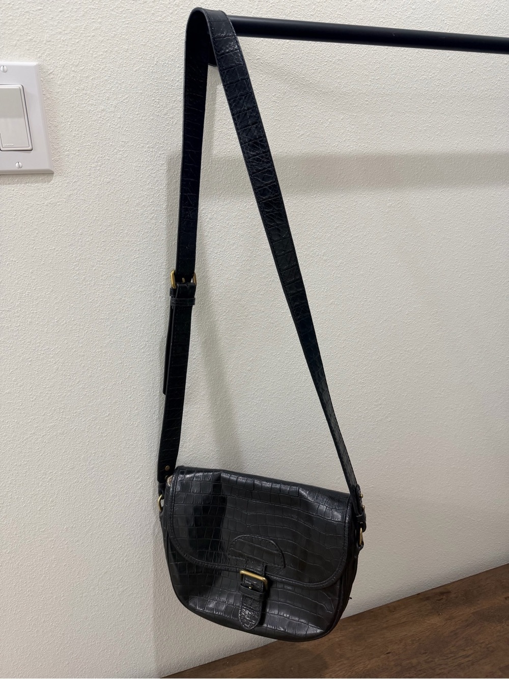 J. Crew Black Croc-Effect Leather Crossbody Bag with Adjustable Strap